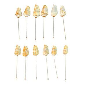 Set Of 12 Natural Seashell Cocktail Skewers MCM Silver Tone Metal Appetizer